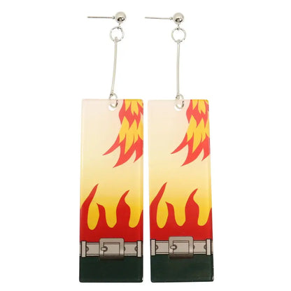 Rectangular demon slayer hanafuda earrings with flame pattern acrylic drop and metallic belt detail on gradient background