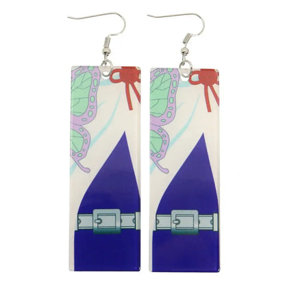Rectangular demon slayer hanafuda earrings with purple green butterfly design red ribbons and acrylic drop style