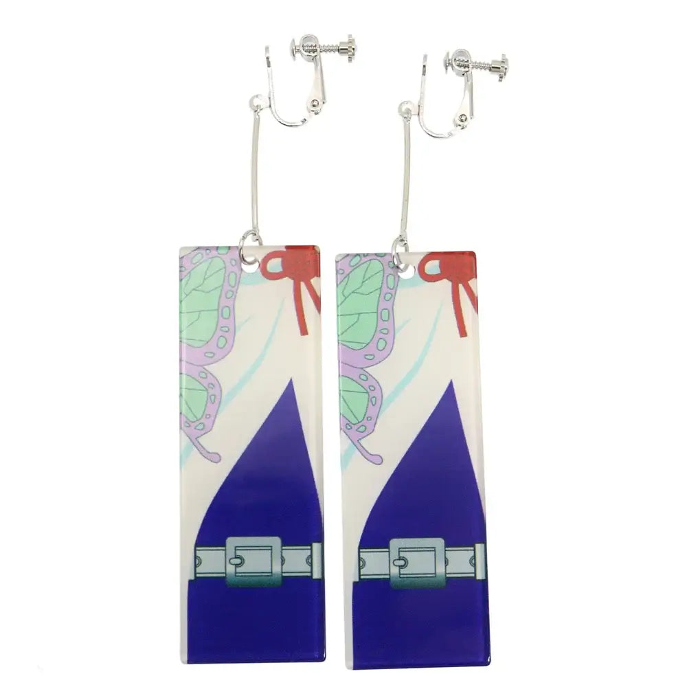 Rectangular translucent acrylic drop hanafuda earrings featuring a purple butterfly demon slayer design