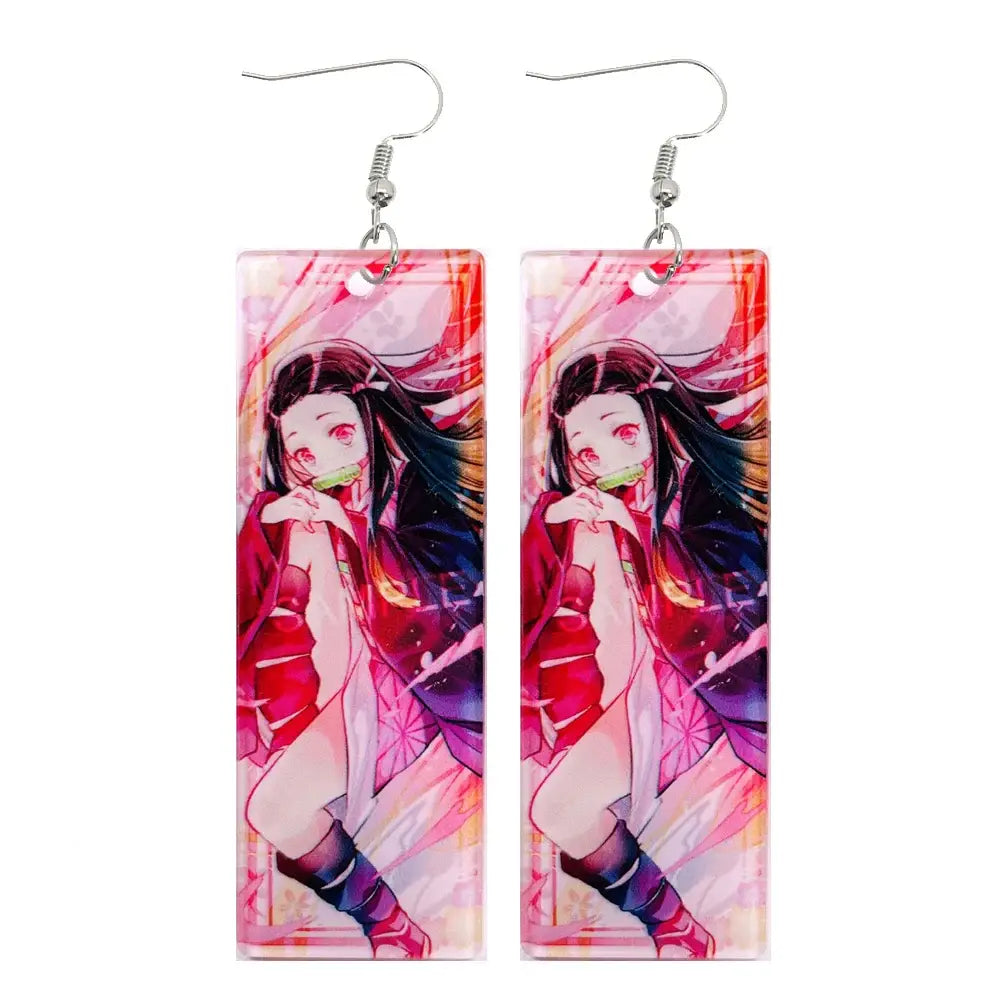 Rectangular acrylic drop hanafuda earrings featuring a demon slayer anime character with long dark hair and red eyes