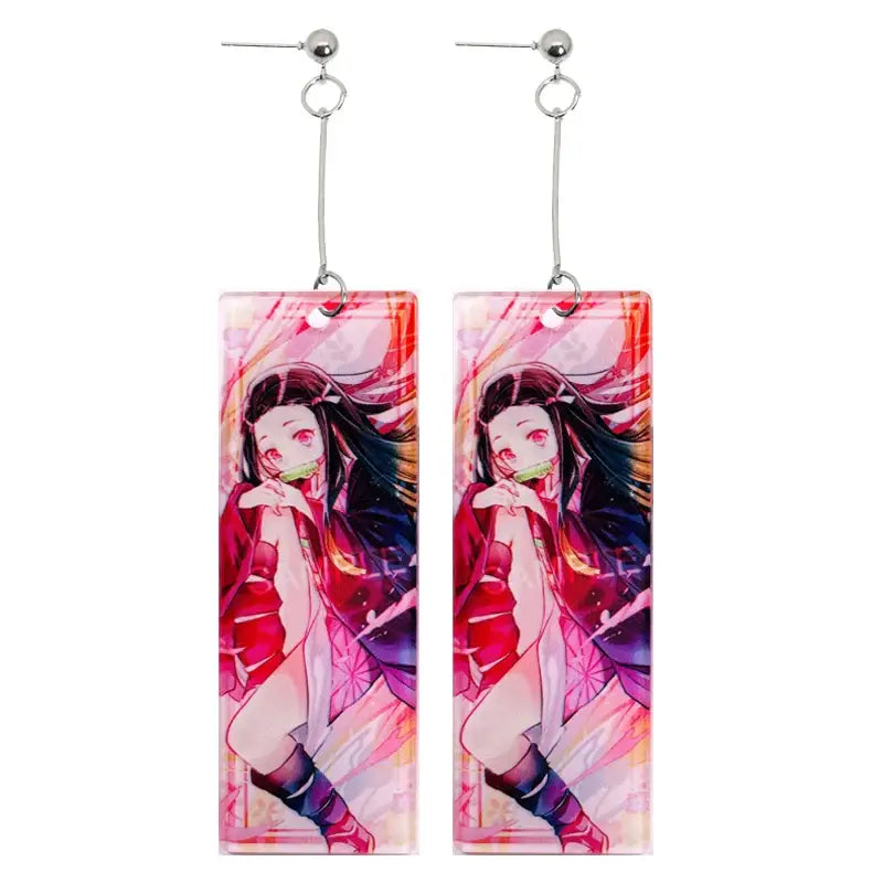 Rectangular acrylic demon slayer hanafuda earrings featuring an anime character with dark hair in vibrant pink outfit
