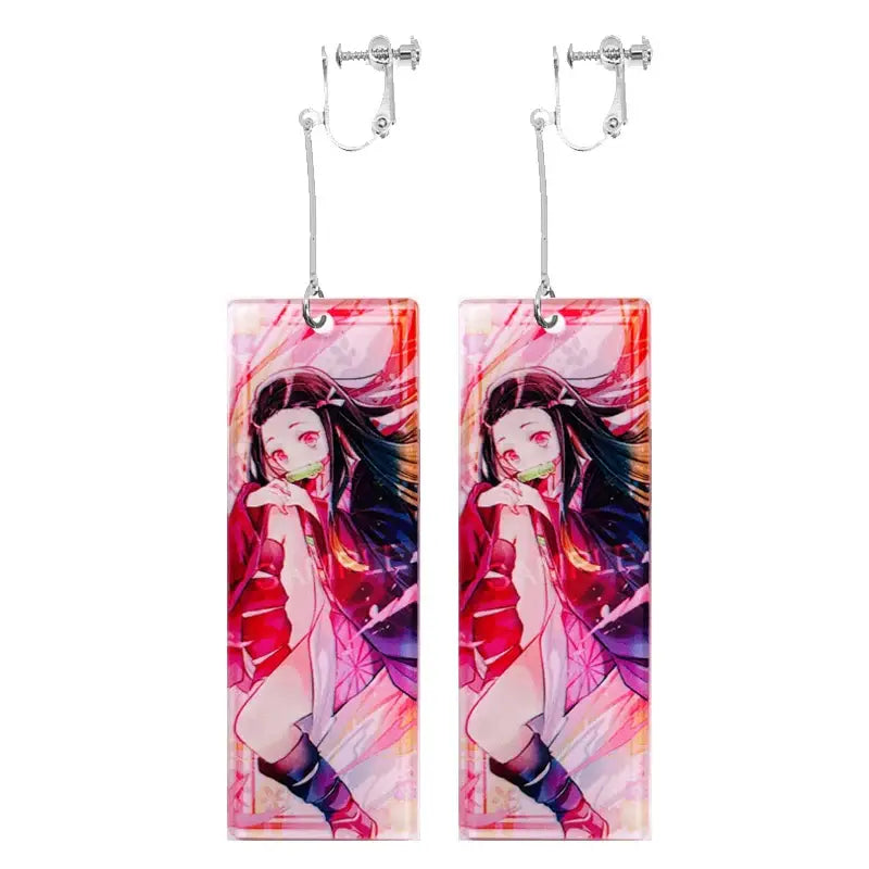 Rectangular acrylic drop hanafuda earrings featuring a demon slayer anime character with dark hair and red eyes in pink and purple