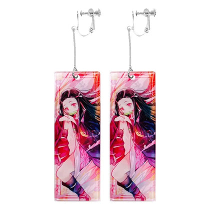 Rectangular acrylic drop hanafuda earrings featuring a demon slayer anime character with dark hair and red eyes in pink and purple