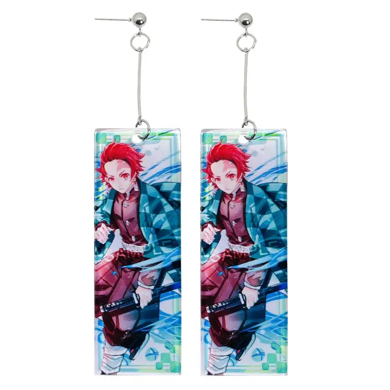 Clear rectangular acrylic drop demon slayer hanafuda earrings featuring red hair anime character in blue plaid jacket