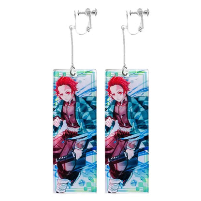 Rectangular acrylic drop hanafuda earrings featuring demon slayer anime character with red hair and silver hooks