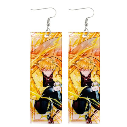 Vibrant rectangular acrylic drop hanafuda earrings featuring demon slayer anime character with golden hair and fiery energy