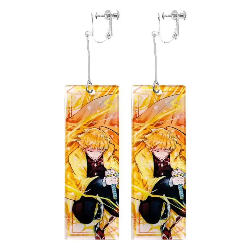 Long rectangular acrylic drop hanafuda earrings featuring vibrant demon slayer tanjiro kamado illustration on fiery background