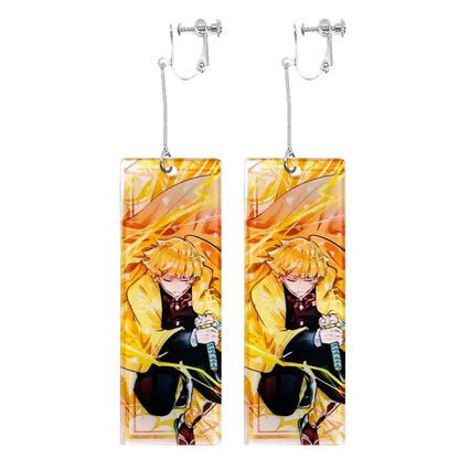 Long rectangular acrylic drop hanafuda earrings featuring vibrant demon slayer tanjiro kamado illustration on fiery background
