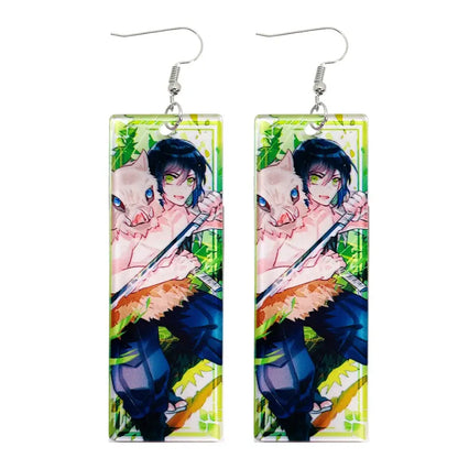 Rectangular acrylic drop demon slayer hanafuda earrings featuring tanjiro with green eyes and pink pig on green background