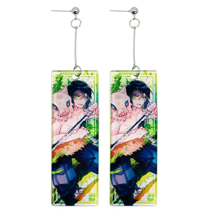 Rectangular acrylic drop demon slayer hanafuda earrings featuring tanjiro with sword and pink pig on green background