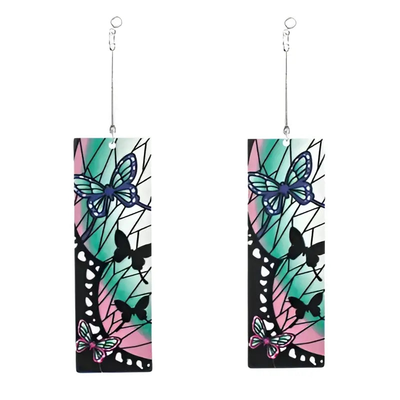 Demon slayer tanjiro hanafuda earrings acrylic drop jewelry with teal pink and black butterfly stained-glass design