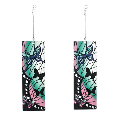 Demon slayer tanjiro hanafuda earrings acrylic drop jewelry with teal pink and black butterfly stained-glass design