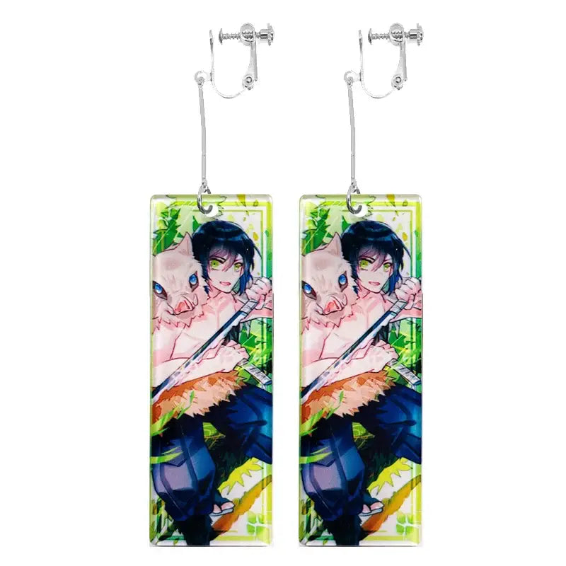 Rectangular acrylic drop hanafuda earrings featuring demon slayer tanjiro with glowing green eyes and a pink pig companion