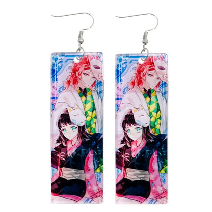 Rectangular acrylic drop hanafuda earrings with vibrant pink and green accents featuring demon slayer anime characters