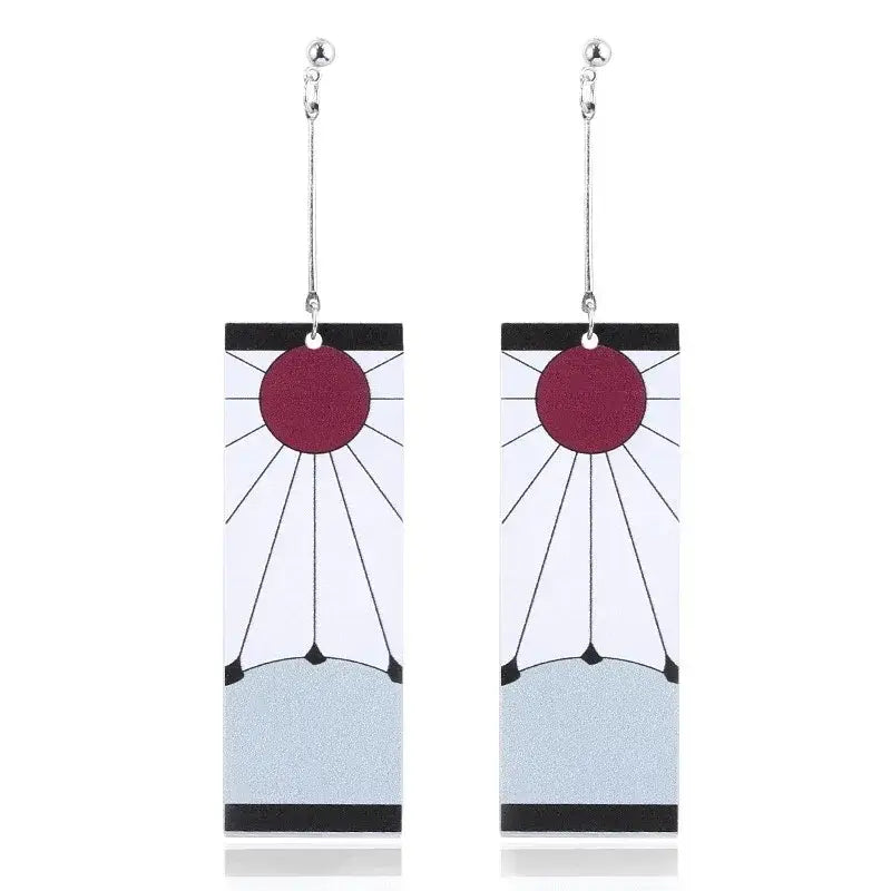 Rectangular acrylic drop demon slayer hanafuda earrings with maroon sun center and black radiating lines on a white background