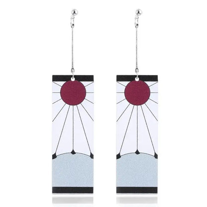 Rectangular acrylic drop demon slayer hanafuda earrings with maroon sun center and black radiating lines on a white background
