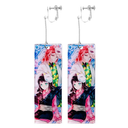 Rectangular acrylic drop demon slayer hanafuda earrings featuring vibrant pink blue and green anime character designs