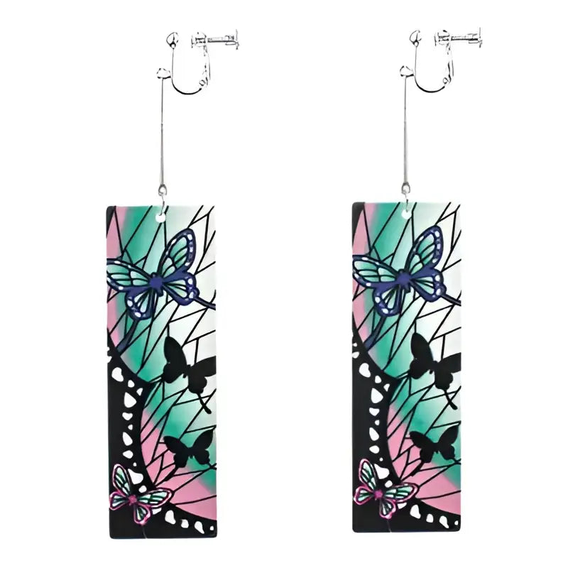 Demon slayer hanafuda earrings acrylic drop with long rectangular stained-glass butterfly design in purple pink teal