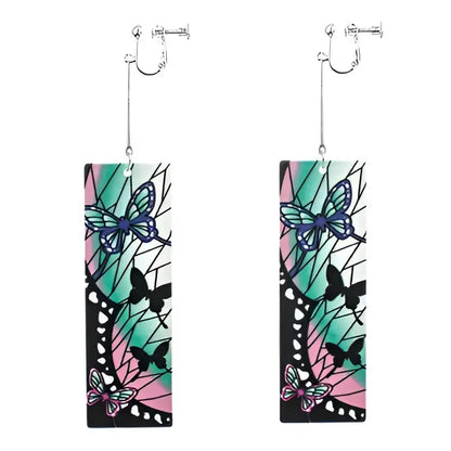 Demon slayer hanafuda earrings acrylic drop with long rectangular stained-glass butterfly design in purple pink teal