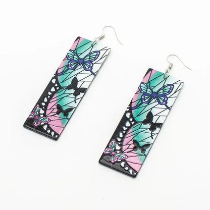 Demon slayer hanafuda earrings rectangular acrylic drop jewelry with butterfly stained-glass design in pink teal and black