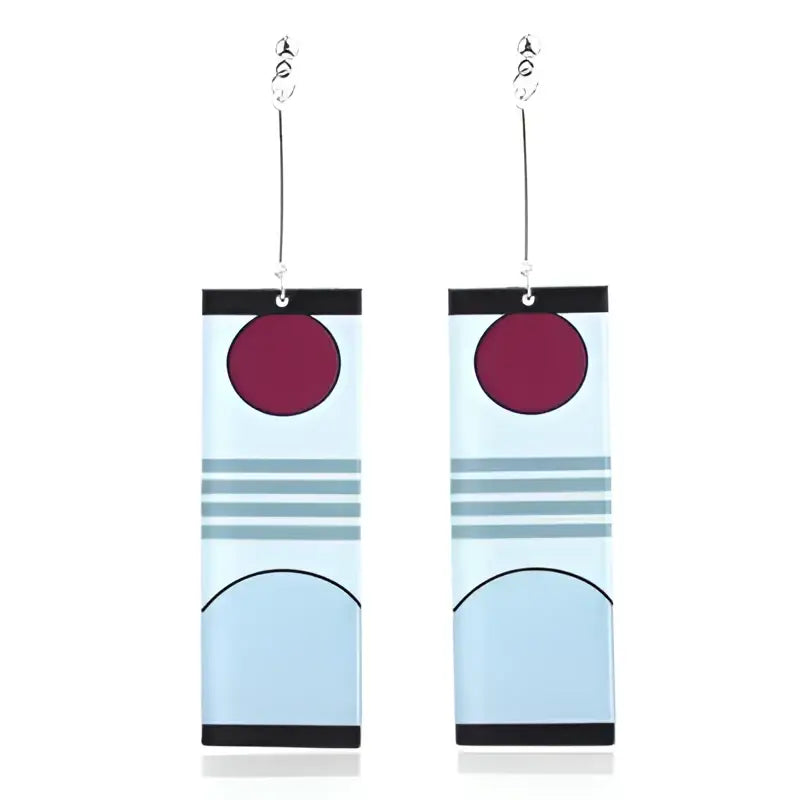 Demon slayer hanafuda earrings featuring rectangular acrylic drop design with light blue stripes and magenta circle