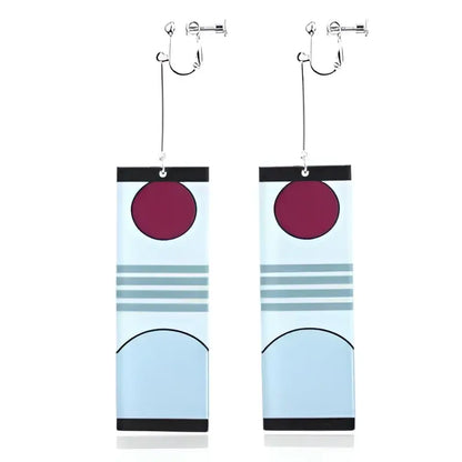 A pair of demon slayer hanafuda earrings with maroon circle and light blue stripes on acrylic drop jewelry