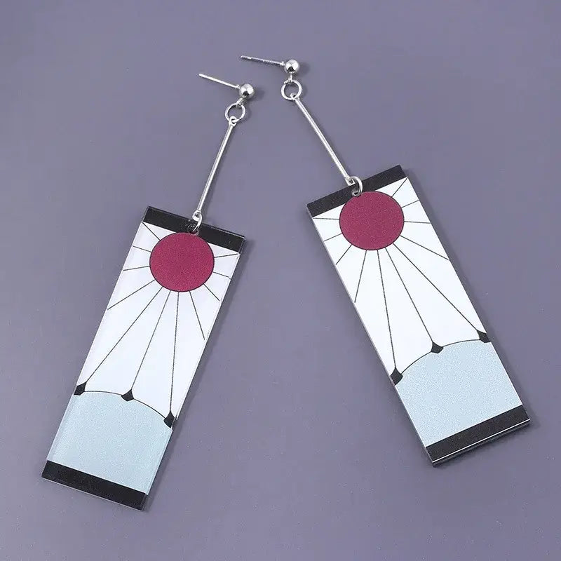 Rectangular acrylic drop demon slayer hanafuda earrings with red sun black rays on white and blue gradient background