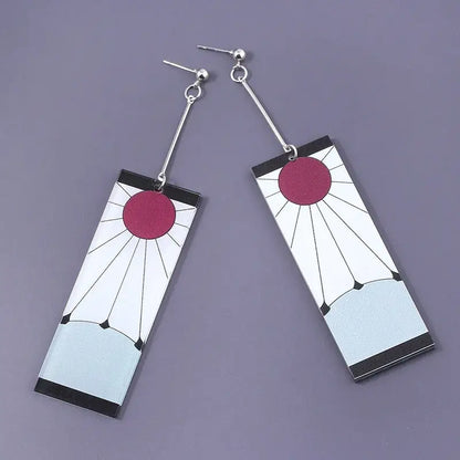 Rectangular acrylic drop demon slayer hanafuda earrings with red sun black rays on white and blue gradient background