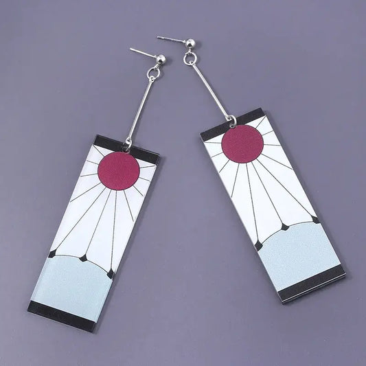 Rectangular acrylic drop demon slayer hanafuda earrings with red sun black rays on white and blue gradient background