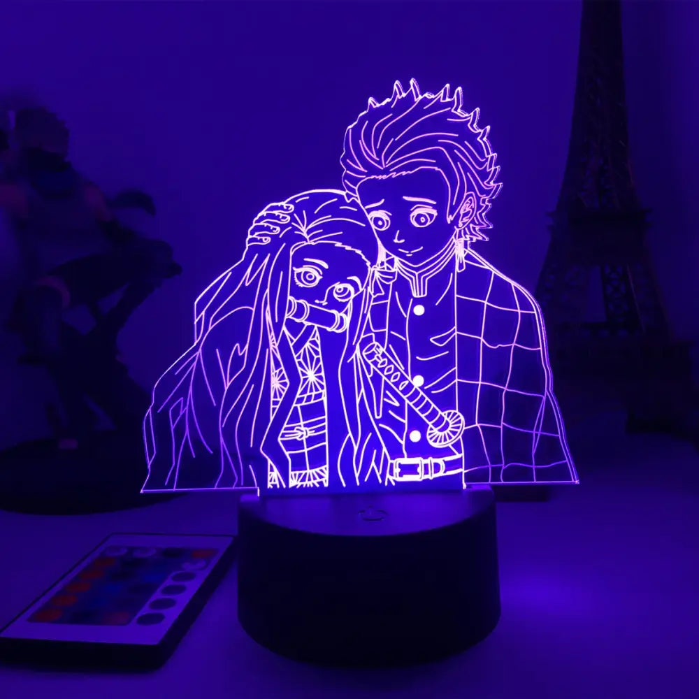 Purple glowing demon slayer tanjiro kamado 3d night light led lamp featuring illuminated anime character outlines
