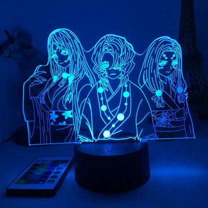 Blue glowing led night light featuring demon slayer tanjiro kamado and two anime characters in traditional attire for demon slayer fans