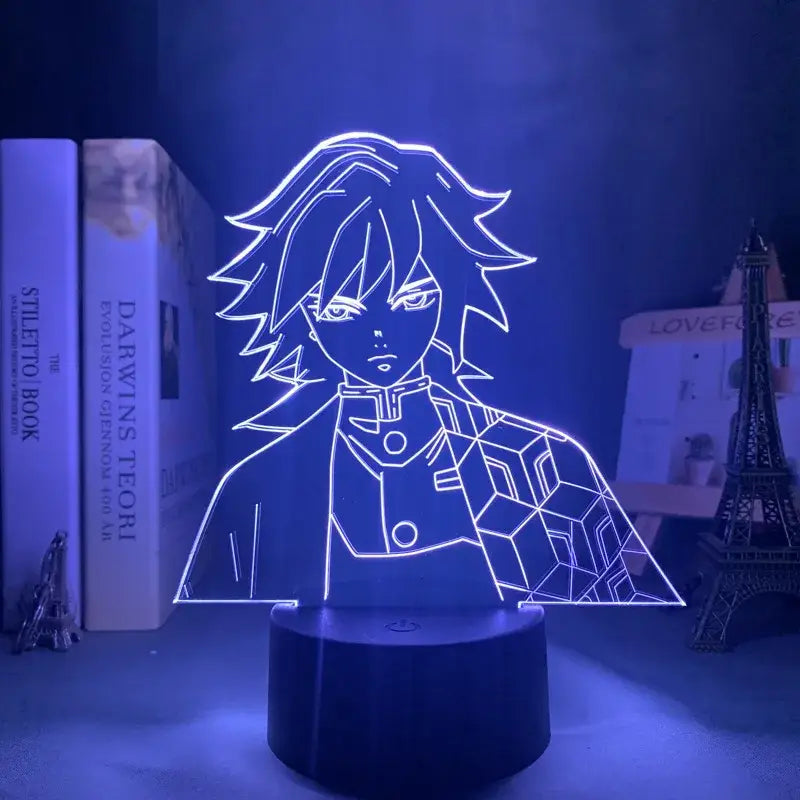 Demon slayer tanjiro kamado 3d night light glowing blue led lamp with spiky hair and geometric jacket for demon slayer fans