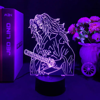 Demon slayer tanjiro kamado 3d led night light with purple glowing outline holding sword for demon slayer fans