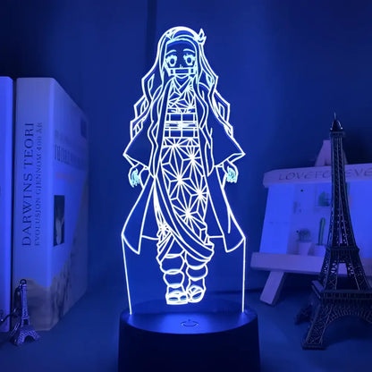 A glowing blue led night light shaped like demon slayer tanjiro kamado with intricate geometric patterns for demon slayer fans