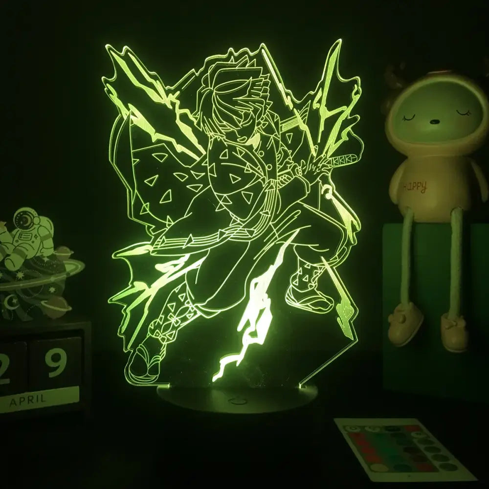 Glowing green 3d acrylic demon slayer tanjiro kamado night light with detailed armor for demon slayer fans