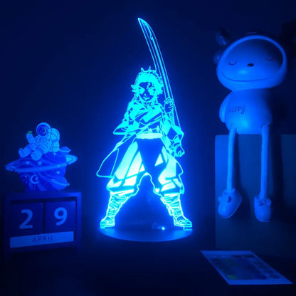 Blue glowing demon slayer tanjiro kamado 3d night light lamp with sword translucent acrylic for demon slayer fans