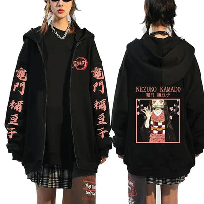 Black demon slayer hooded jacket with pink japanese text and nezuko kamado graphic print on the back side