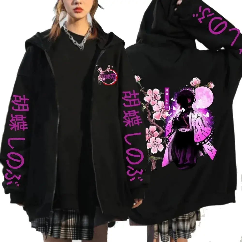 Black demon slayer zip-up hooded jacket featuring vibrant pink and purple anime graphic print with cherry blossoms and japanese text