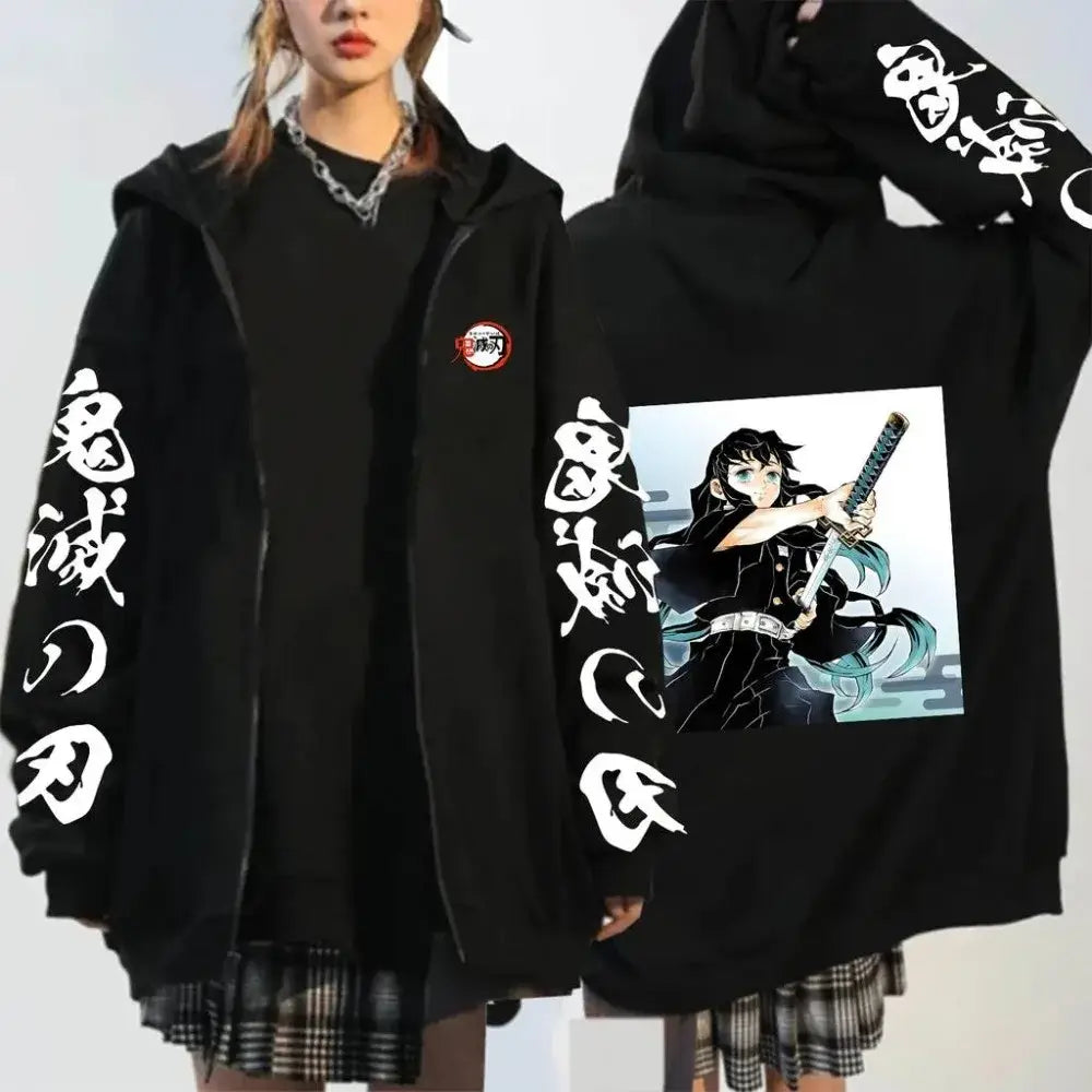 Black demon slayer hooded jacket with white japanese kanji sleeves and anime graphic on the back y2k style