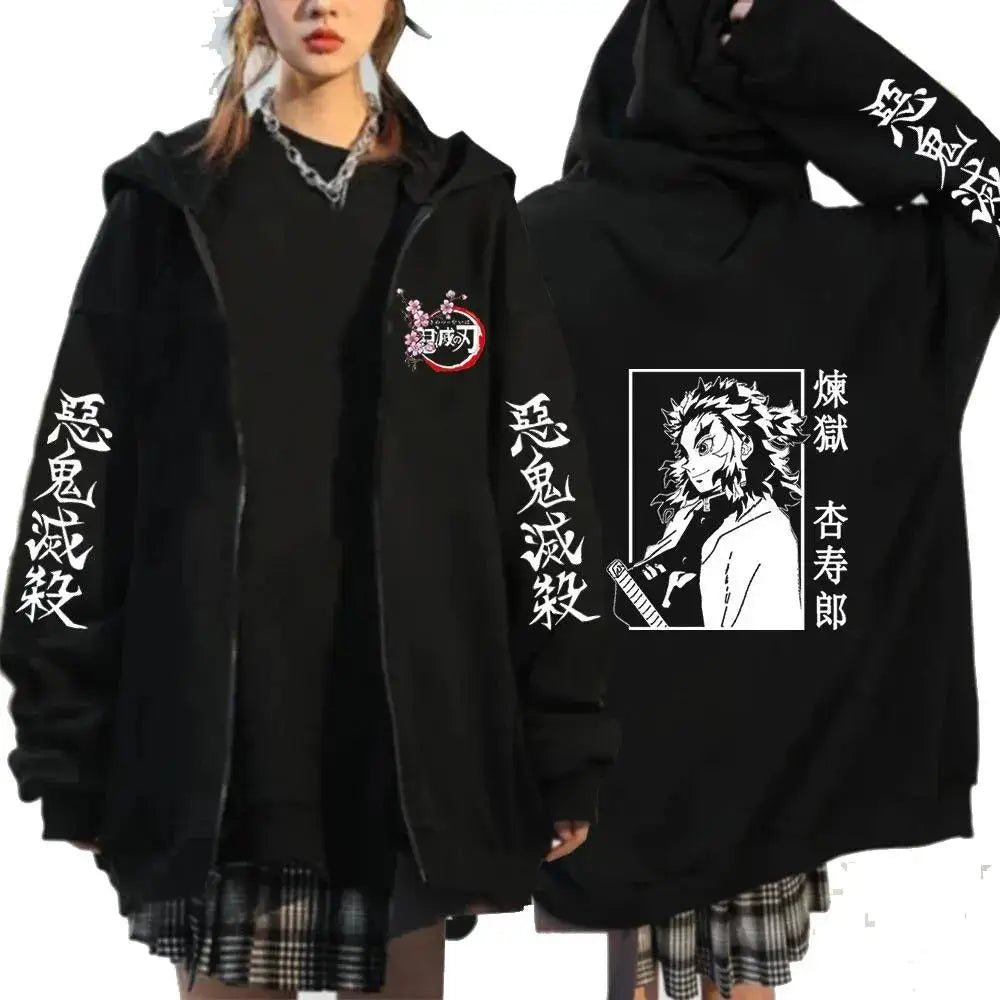 Black demon slayer hooded jacket with white anime graphics japanese text and circular emblem on chest y2k style zip up coat