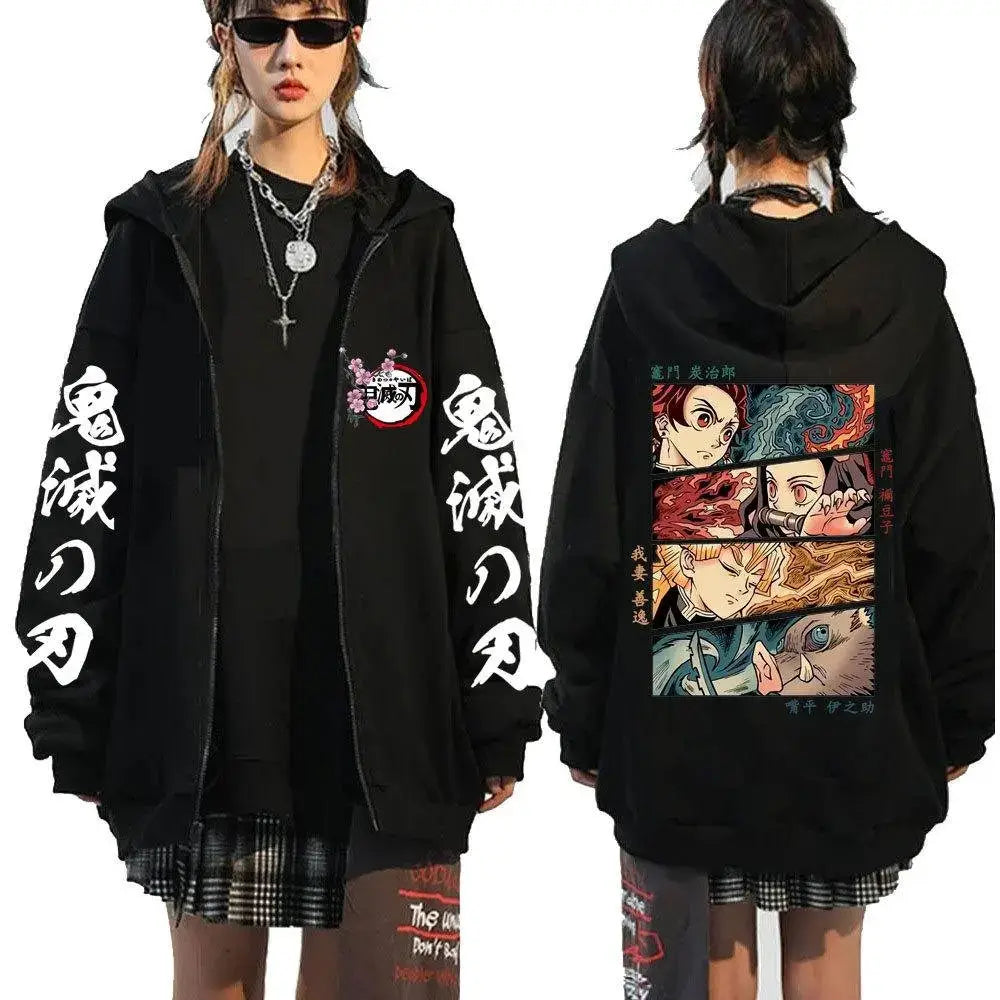 Black demon slayer hooded jacket with tanjiro kamado graphic print and white japanese text on zip-up sleeves