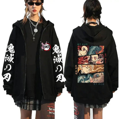 Black demon slayer hooded jacket with tanjiro kamado graphic print and white japanese text on zip-up sleeves