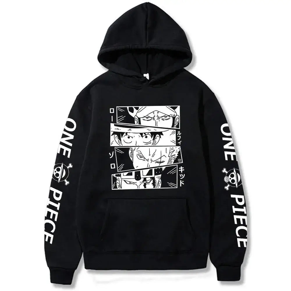 Black oversized demon slayer tanjiro kamado pullover hoodie with white anime graphics and one piece text on sleeves