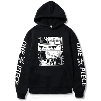 Black oversized demon slayer tanjiro kamado pullover hoodie with white anime graphics and one piece text on sleeves