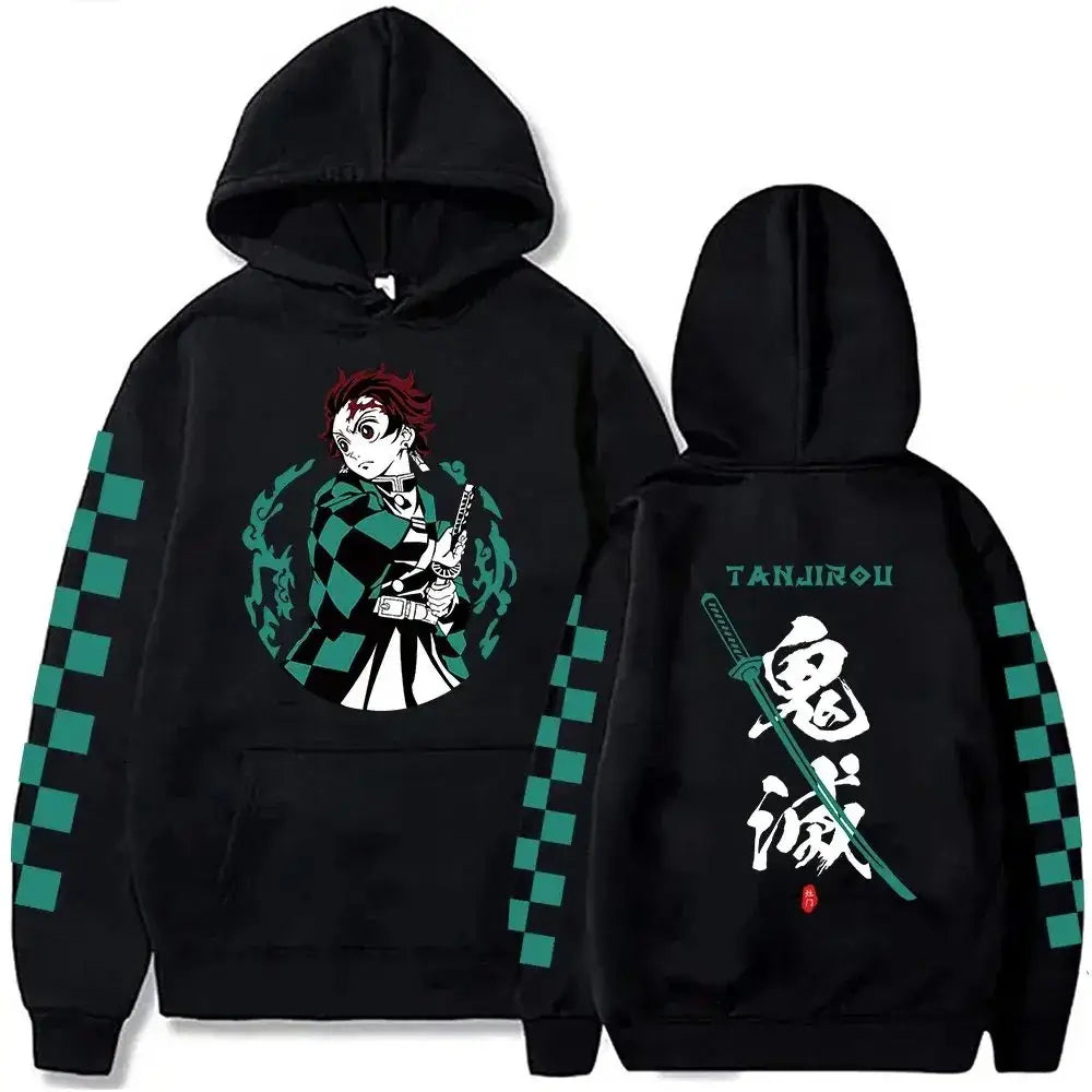 Black oversized pullover hoodie with green white checkered sleeves, anime graphic front, and japanese calligraphy back view