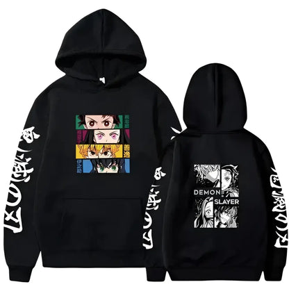 Black hooded sweatshirt with colorful anime faces on front and black-and-white demon slayer design on sleeves