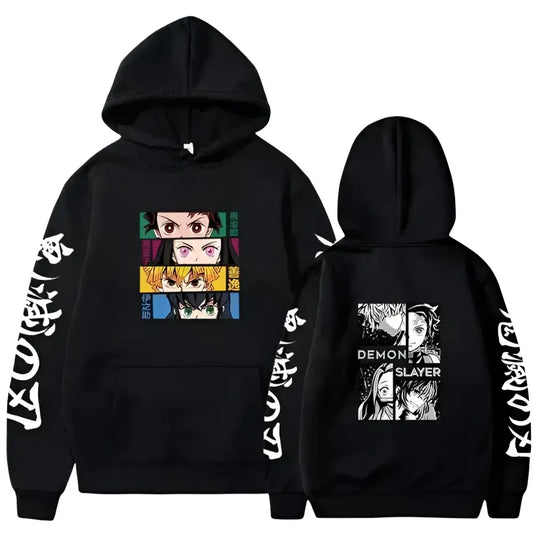 Black hooded sweatshirt with colorful anime faces on front and black-and-white demon slayer design on sleeves