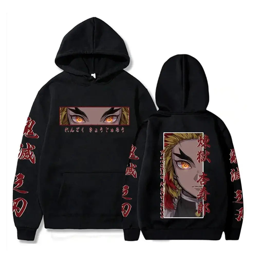 Black oversized pullover hoodie featuring detailed anime character design of tanjiro kamado with red japanese text and orange eyes