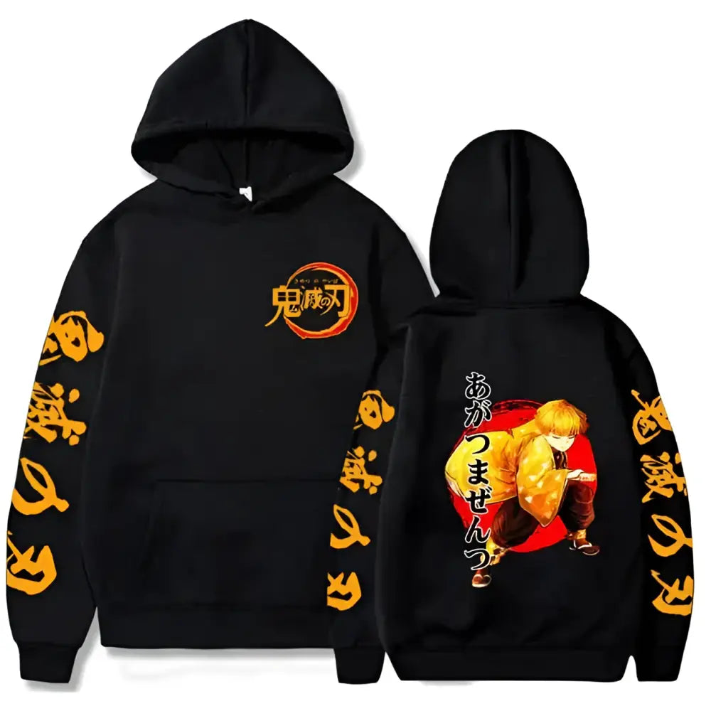 Black hooded sweatshirt with vibrant orange demon slayer anime graphics and japanese text showing back side design