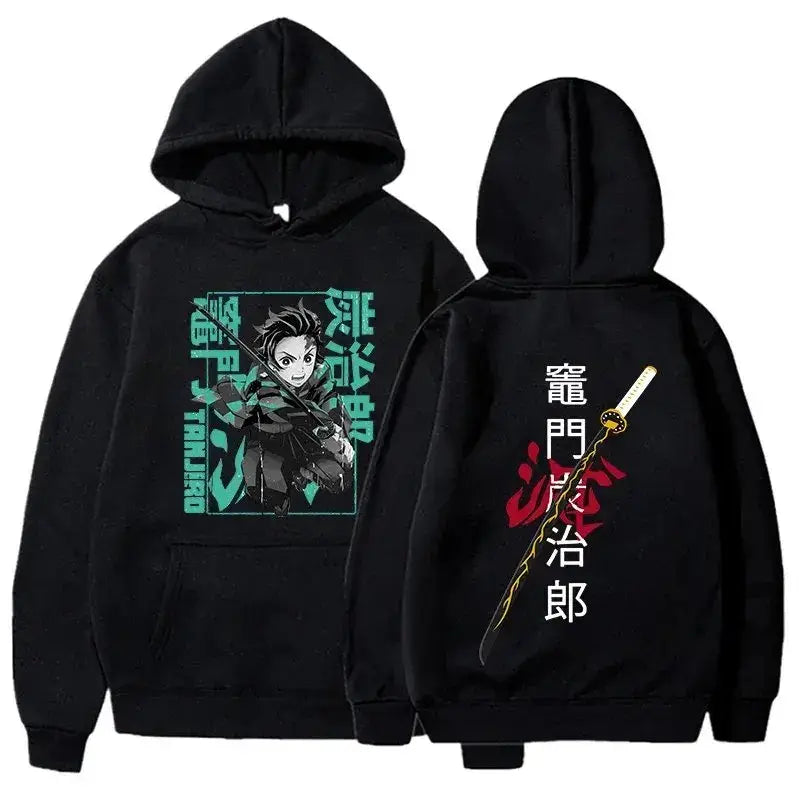 Black oversized hoodie featuring tanjiro kamado graphic from demon slayer on front and sword with japanese text on back view